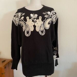 Vintage Deadstock New Black Crewneck sweater lace rhinestone appliqué 1980s
